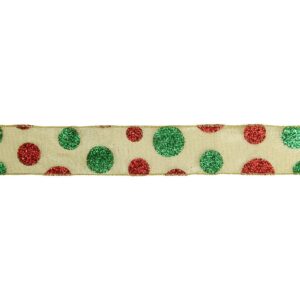 Northlight 2.5 in. x 16 yds. Red and Green Glitter Polka Dots on Metallic Gold Wired Ribbon