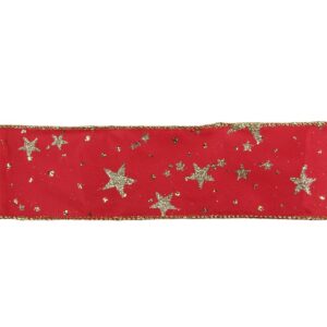 Northlight 2.5 in. x 16 yds. Metallic Gold Glitter Stars on Bright Red Wired Craft Ribbon