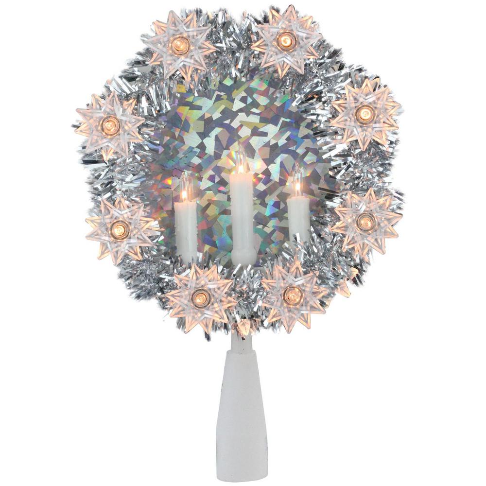 Northlight 7 in. Silver Tinsel Wreath with Candles Christmas Tree Topper - Clear Lights