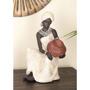 LITTON LANE 10 in. African Woman Decorative Figurine in Textured Ebony, Beige, Brick Red, and Silver