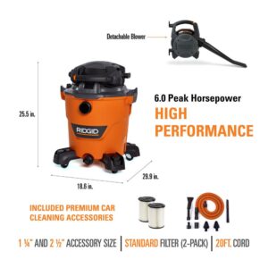 RIDGID 12 Gal. 6.0-Peak HP NXT Wet/Dry Shop Vacuum with Detachable Blower, Two Additional Filters and Premium Car Cleaning Kit