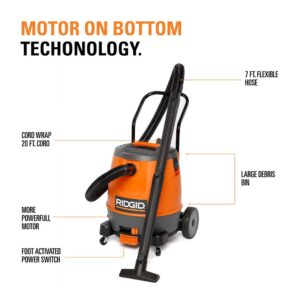 RIDGID 16 Gal. 6.5-Peak HP Motor-On-Bottom Wet/Dry Shop Vacuum with Fine Dust Filter, Hose and Accessories