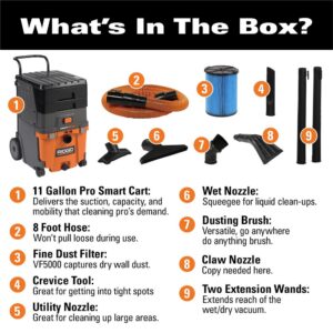 RIDGID 11 Gal. 6.5-Peak HP Smart Cart Wet/Dry Shop Vacuum with Fine Dust Filter, Professional Hose and Accessories