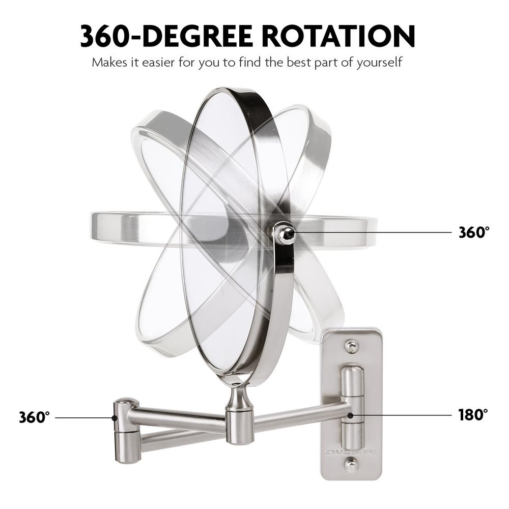 Ovente Small Round Wall Mounted Nickel Brushed Makeup Mirror (11 in. H x 1.4 in. W), 1x-10x Magnification