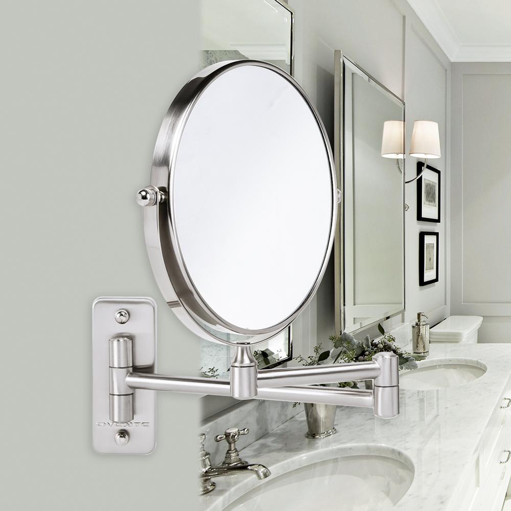 Ovente Small Round Wall Mounted Nickel Brushed Makeup Mirror (11 in. H x 1.4 in. W), 1x-10x Magnification