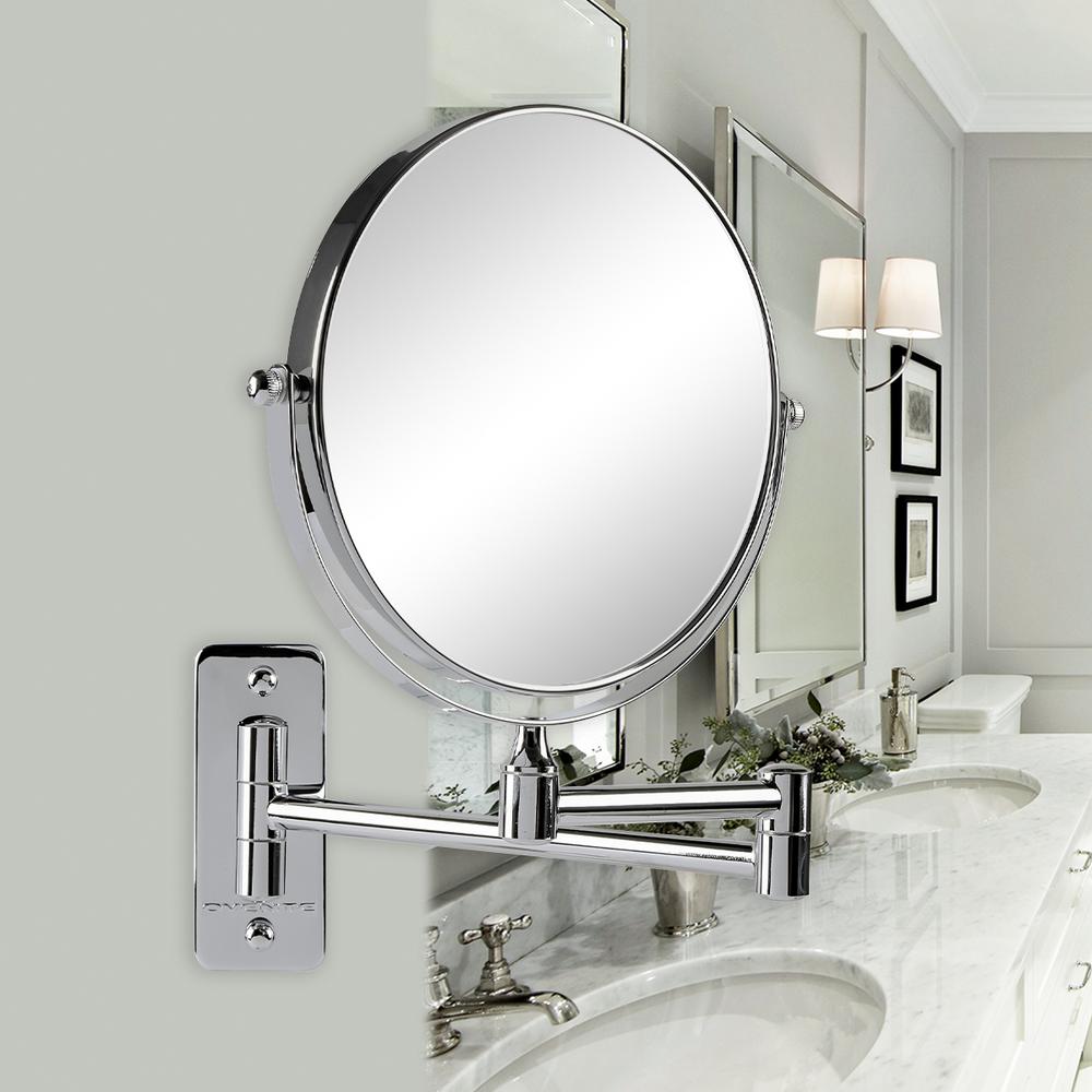 Ovente Small Round Wall Mounted Polished Chrome Makeup Mirror (11 in. H x 1.4 in. W), 1x-10x Magnification