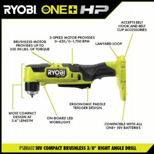 RYOBI ONE+ HP 18V Brushless Cordless Compact 1/2 in. Drill/Driver, 3/8 in. Right Angle Drill, (2) Batteries, Charger, and Bag