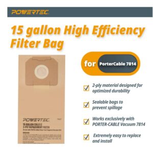 POWERTEC 15 Gal. High Efficiency Filter Bags for PORTER-CABLE 7814 Power Tool Triggered Vacuum (3-Pack)