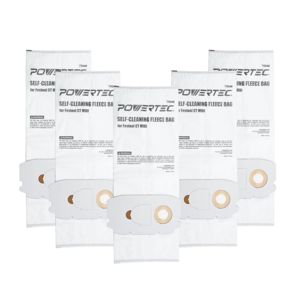 POWERTEC Self Cleaning Replacement Filter Bags for Festool CT Midi Flexible Fleece Filter Bag for Festool 498411 (5-Pack)