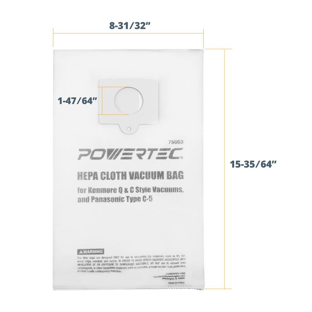 POWERTEC HEPA Cloth Vacuum Bag Replacement for Kenmore Q and C Style Vacuums, and Panasonic Type C-5 (6-Pack)