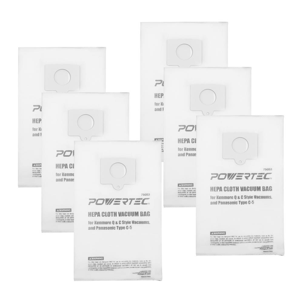 POWERTEC HEPA Cloth Vacuum Bag Replacement for Kenmore Q and C Style Vacuums, and Panasonic Type C-5 (6-Pack)