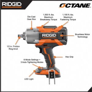 RIDGID 18-Volt OCTANE Cordless Brushless 1/2 in. High Torque 6-Mode Impact Wrench (Tool-Only) with Belt Clip