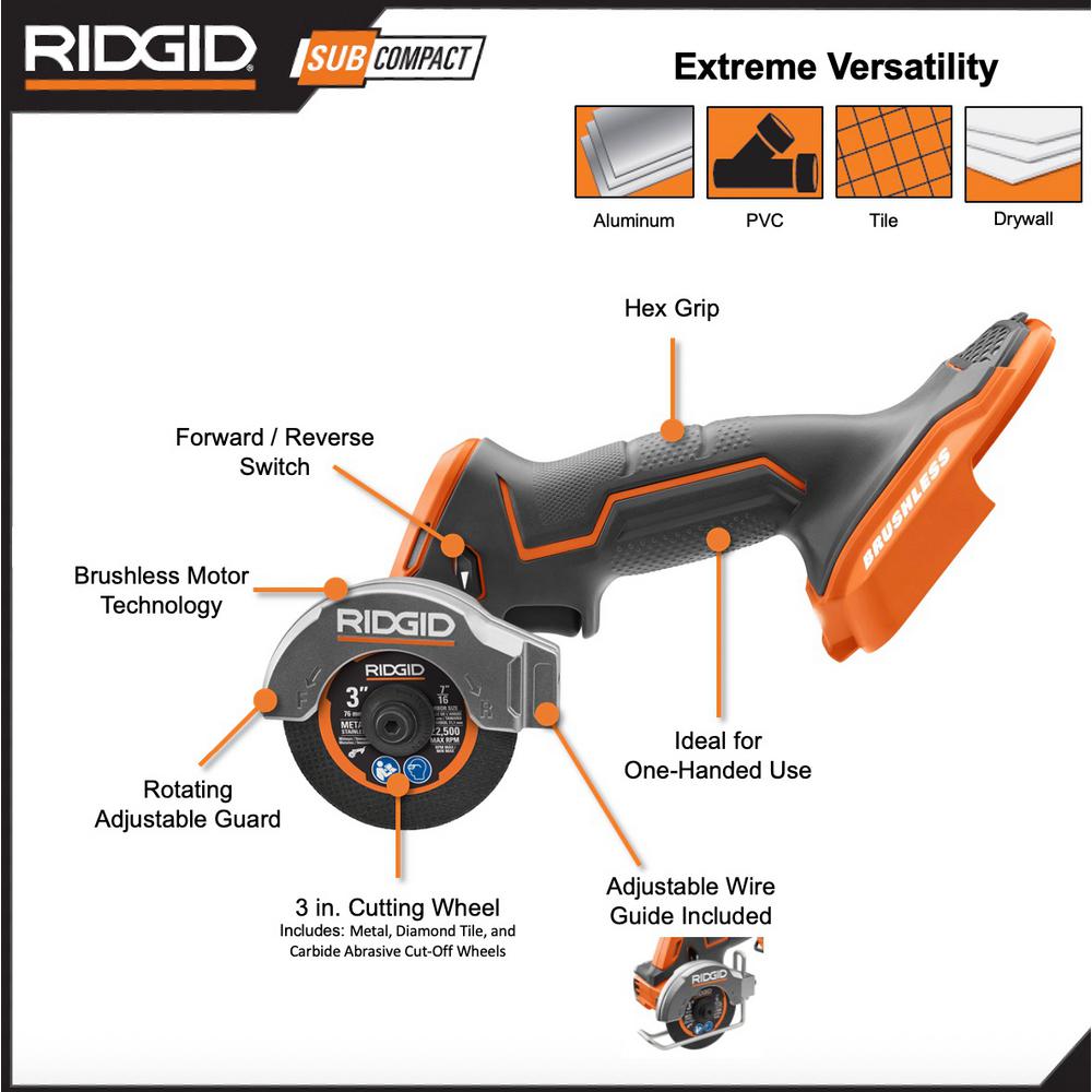 RIDGID 18V SubCompact Lithium-Ion Brushless 2-Tool Combo Kit with 3/8 in. Impact Wrench and 3 in. Multi-Material Saw