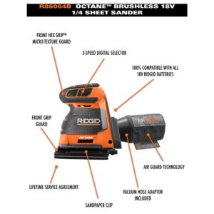 RIDGID 18-Volt OCTANE Cordless Brushless 3-Speed 1/4 Sheet Sander Kit with (1) OCTANE Bluetooth 3.0 Ah Battery and Charger