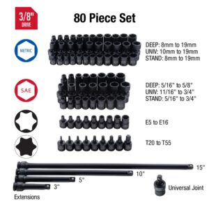 SUNEX TOOLS 3/8 in. Drive Master Impact Socket Set (80-Piece)