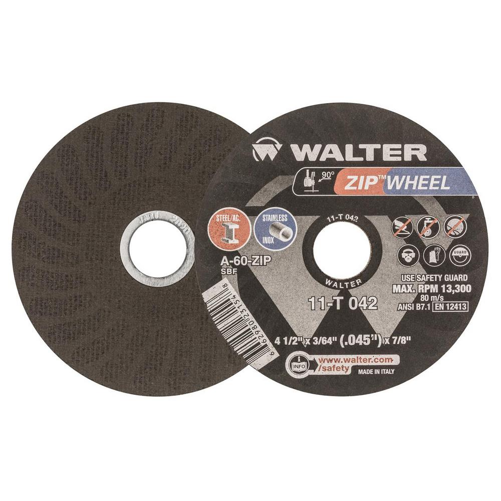 WALTER SURFACE TECHNOLOGIES Zip Wheel 4.5 in. x 7/8 in. Arbor x 3/64 in. GR 36/60, Highest Performing Cut-Off Wheel (25-Pack)