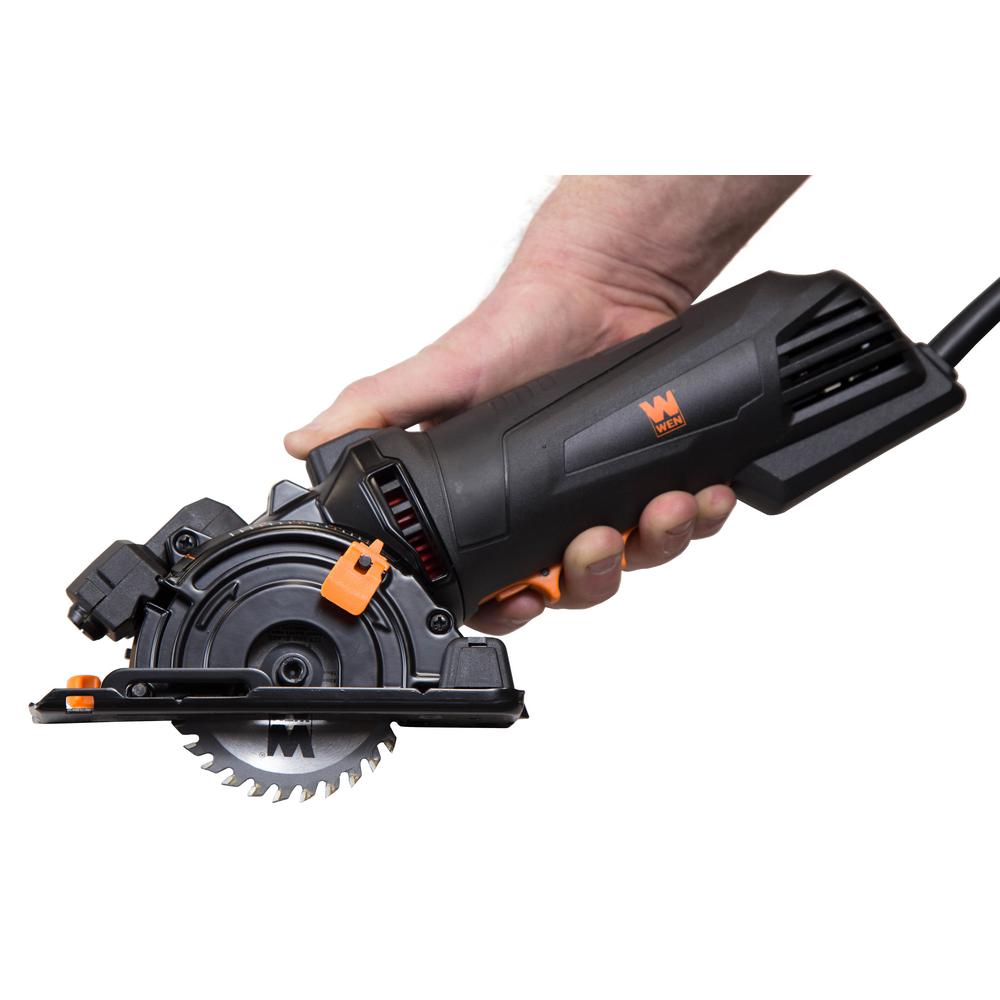 WEN 4.2 Amp 3-3/8 in. Plunge Cut Compact Circular Saw with Laser, Carrying Case, and 3-Blades