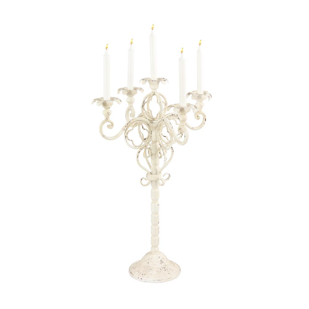 LITTON LANE Tall Vintage White Metal Candelabra with Scrolled Arms