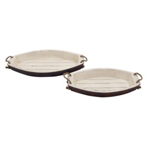 LITTON LANE Distressed White Wooden Boat-Shaped Decorative Trays (Set of 2)