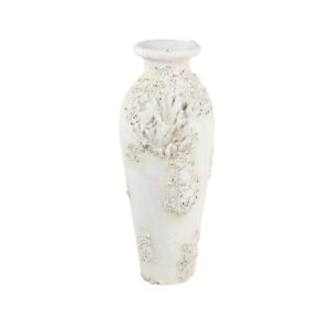 LITTON LANE Textural Tall White Large Floor Decorative Vase with Coral Nautical Decor