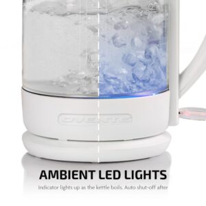Ovente 6.3-Cup White Glass Electric Kettle with ProntoFill Technology - Fill Up with the Lid On